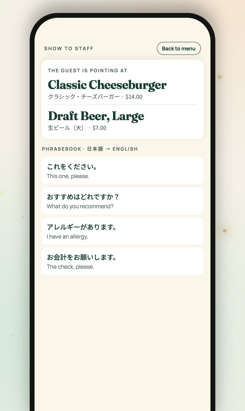 Staff mode: the dish a guest is pointing at, shown in the restaurant's language, with a phrasebook